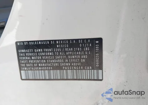 2014 Volkswagen Jetta 1.8T Sel z USA, uszkodzony, nr VIN 3VWL07AJ0EM409999